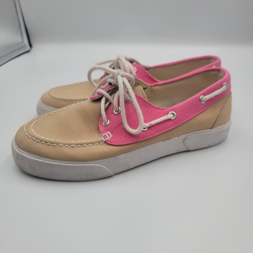 Polo Ralph Lauren Lilia Womens Boat Shoes Tan Pink Canvas Loafers Size 8B